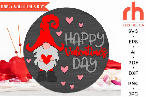 Happy Valentine's Day SVG, Round Hanger Cut File, Valentine’s Gnome DXF SVG RedHelgaArt 