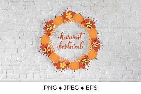 Harvest festival lettering with wreath of colorful autumn leaves Sublimation LaBelezoka 