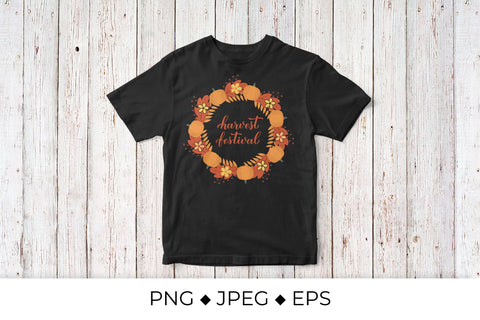 Harvest festival lettering with wreath of colorful autumn leaves Sublimation LaBelezoka 