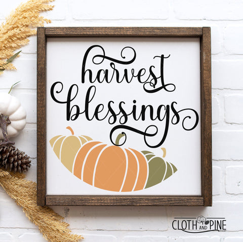 Harvests Blessings with Pumpkins Round Door Sign SVG Cloth and Pine Designs 