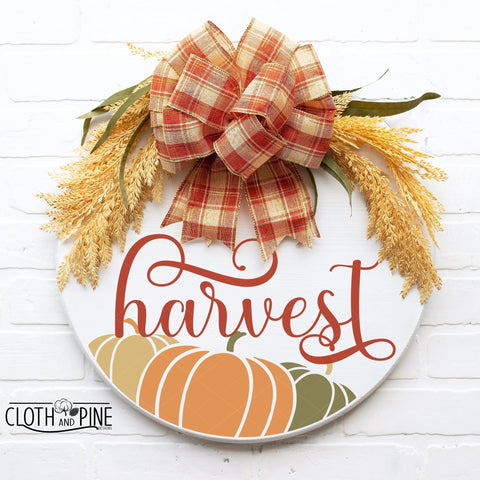 Harvests Blessings with Pumpkins Round Door Sign SVG Cloth and Pine Designs 