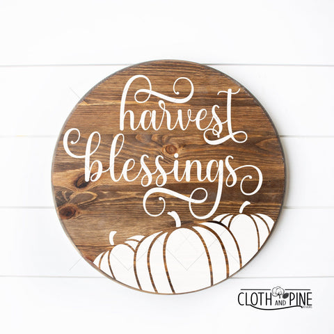 Harvests Blessings with Pumpkins Round Door Sign SVG Cloth and Pine Designs 