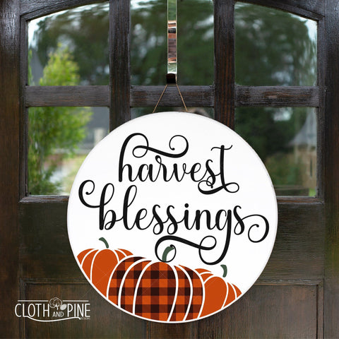 Harvests Blessings with Pumpkins Round Door Sign SVG Cloth and Pine Designs 