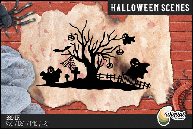 Haunted Hause | Halloween Silhouette Design | Spooky Halloween Scene SVG | Paper Cut SVG Evgenyia Guschina 