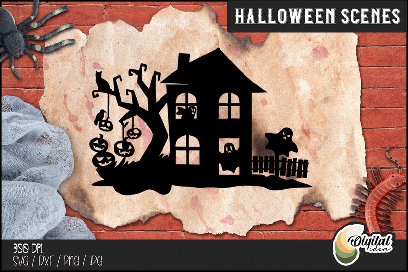 Haunted Hause | Halloween Silhouette Design | Spooky Halloween Scene SVG | Paper Cut SVG Evgenyia Guschina 