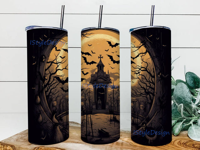 Haunted House 20oz Skinny Tumbler Png, Spooky Season, Halloween, Spooky Mansion, Halloween Tumbler Wrap, Halloween House Tumbler, Bat Halloween Tumbler Sublimation iStyleDesign 