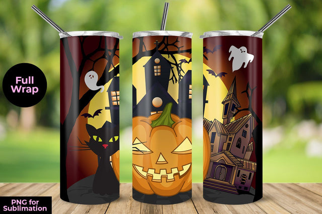 Haunted House Orange Background 20 oz Skinny Tumbler Wrap Template Sublimation Sublimatiz Designs 