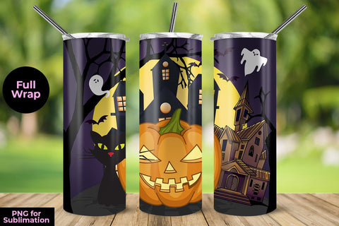 Haunted House Purple Background 20 oz Skinny Tumbler Wrap Template Sublimation Sublimatiz Designs 
