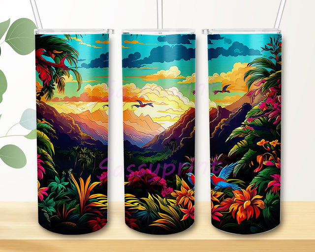 Hawaiian Flowers Mountains 20oz Skinny Tumbler Sublimation, Hawaiian Mountains Digital, Watercolor Landscapes, A Colorful Sunset Over Majestic Mountains Sublimation sassyprint 