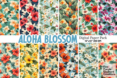 Hawaiian Flowers | Tropical Island Digital Pattern Fine Purple Elephant Creations 