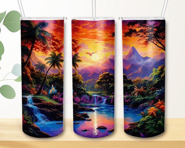 Hawaiian With Vibrant Colors 20oz Skinny Tumbler Png, Hiking Flowers Mountains Tumbler, Watercolour Mountain River Tumbler, Mountain And Wildflowers Landscape Png Sublimation sassyprint 