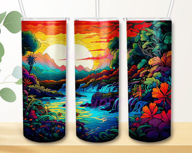 Hawaiian With Vibrant Colors 20oz Skinny Tumbler Png, Hiking Flowers Mountains Tumbler, Watercolour Mountain River Tumbler, Mountain And Wildflowers Landscape Png Sublimation sassyprint 