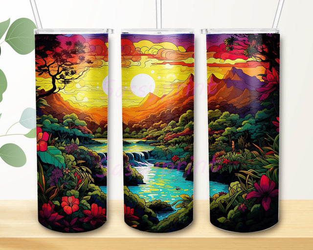 Hawaiian With Vibrant Colors 20oz Skinny Tumbler Png, Hiking Flowers Mountains Tumbler, Watercolour Mountain River Tumbler, Mountain And Wildflowers Landscape Png Sublimation sassyprint 