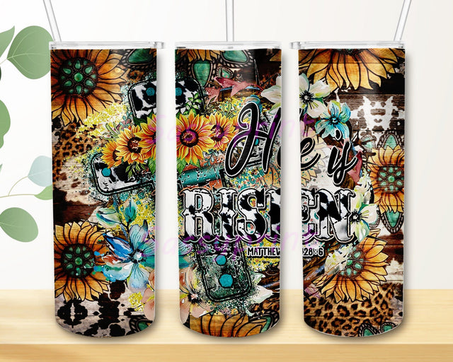 He Is Risen 20oz Skinny Tumbler, Western Cross Tumbler Png, Jesus Sunflower Leopard Cowhide Tumbler Wrap, Country Tumbler Design, Digital Download Sublimation sassyprint 