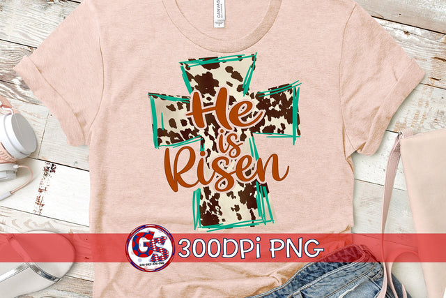 He Is Risen Cow Hide Cross PNG for Sublimation-Easter PNG Sublimation Greedy Stitches 