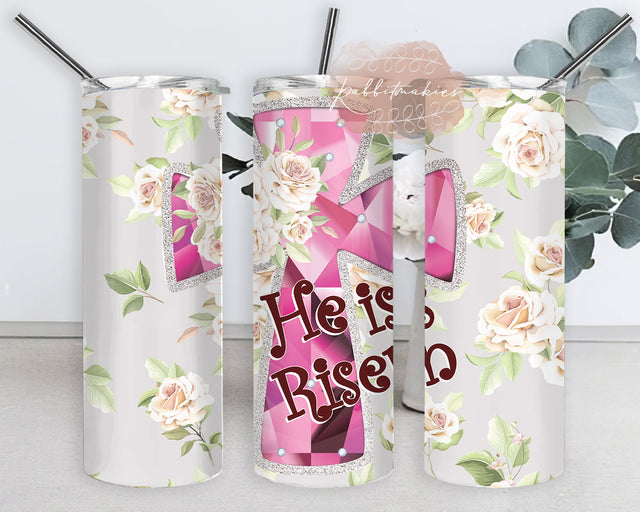 He is Risen Floral 20oz Tumbler Png, Pink Cross Design Png, Christian Tumbler Wrap, Religion Sublimation Design, Digital Download Sublimation Rabbitmakies 