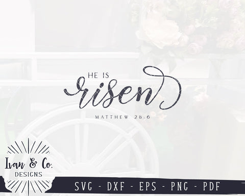 He is Risen SVG Files | Christian Svg | Matthew 28:6 | Jesus Svg | Bible Verse Svg | Easter Svg | Commercial Use | Digital Cut Files (1120081039) SVG Ivan & Co. Designs 