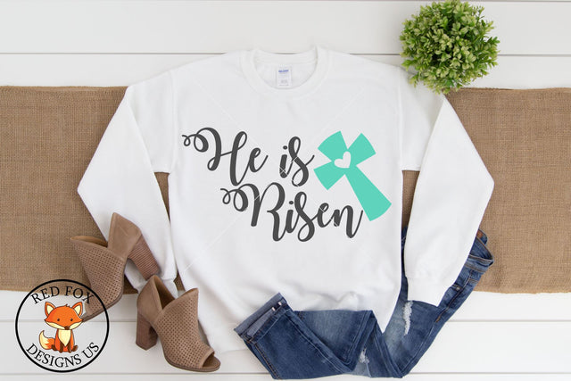 He Is Risen With Cross | Easter Shirt Design | SVG PNG DXF Cut SVG RedFoxDesignsUS 