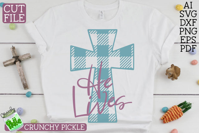 He Lives Plaid Cross Easter SVG SVG Crunchy Pickle 