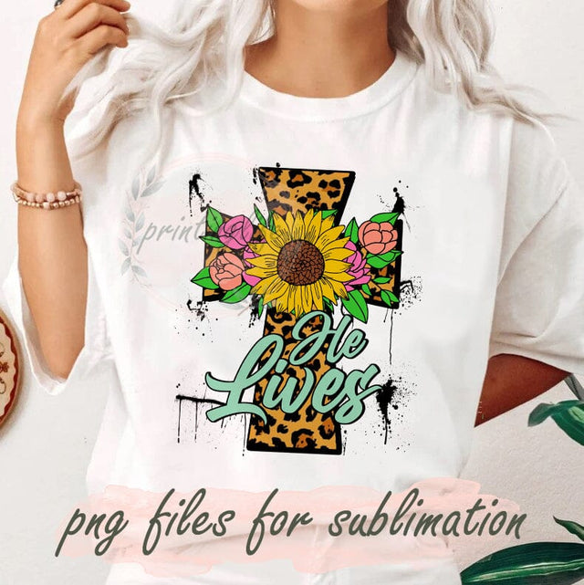 He Lives Sublimation Png, Cross Leopard Png, Religious Sublimation Design, Christian Easter Png, Cross Flower Design Png, Digital Download Sublimation PrintingLife 