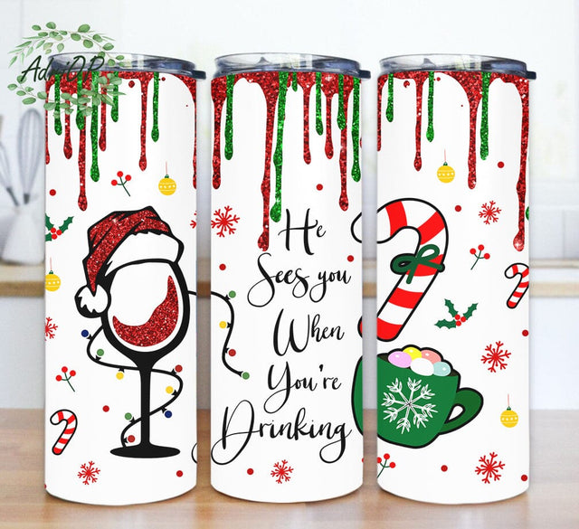 He See You When You're Drinking Tumbler Design, Funny Christmas 20oz Skinny Tumbler, Christmas Drinking Tumbler Png, Christmas Glitter Design Png, Sublimation Design, Instant Download Sublimation AdriOP 