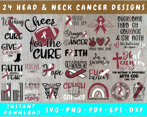 Head And Neck Cancer Awareness SVG Bundle, 24 Designs, Head & Neck Cancer Cricut Files, Burgundy & White Cancer Ribbon SVG, Head And Neck Cancer PNG SVG HappyDesignStudio 