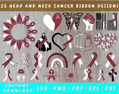 Head And Neck Cancer Ribbon SVG Bundle, 25 Designs, Head And Neck Cancer Clipart, Head And Neck Cancer PNG Files For Sublimation, Burgundy And White Cancer Ribbon SVG SVG HappyDesignStudio 