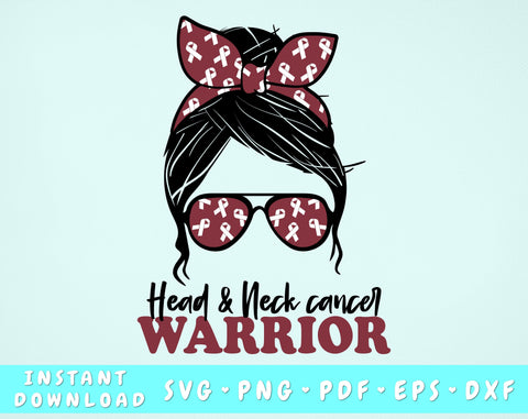 Head And Neck Cancer Warrior SVG, Head And Neck Cancer Messy Bun SVG, Burgundy And White Cancer SVG, Head & Neck Cancer Warrior PNG SVG HappyDesignStudio 