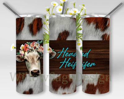 Head Heifer Tumbler Png, Cowhide And Wood 20oz Skinny Tumbler, Heifer Flower Design Png, Western Sublimation Design, Digital Download Sublimation WillowSageDesign 