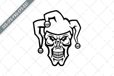 Head of a Court Jester or Joker Skull Front View Mascot Black and White SVG Patrimonio Designs Limited 