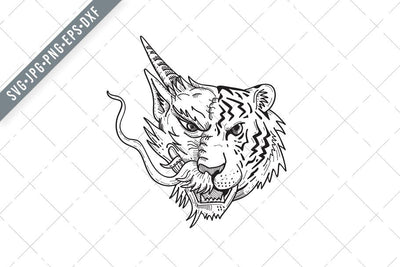 Head of a Half Chinese Dragon Half Bengal Tiger Front View Drawing SVG Patrimonio Designs Limited 