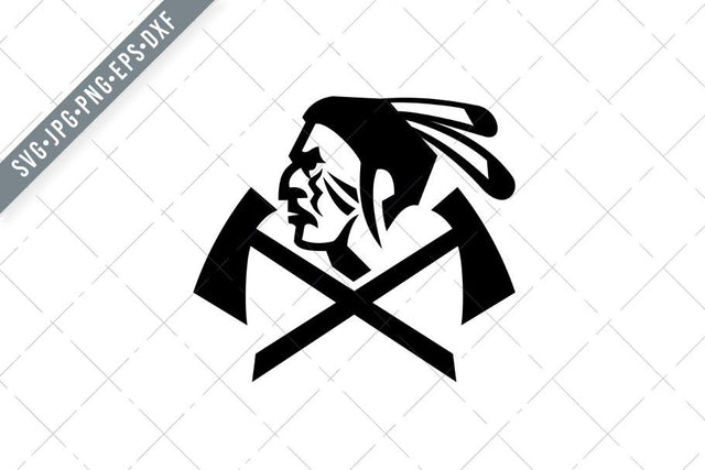 Head of Native American Indian Warrior with Crossed Tomahawk Mascot Black and White SVG Patrimonio Designs Limited 