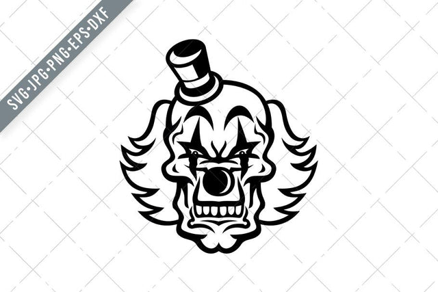 Head of Scary and Evil Whiteface Clown Skull Front View Mascot Black and White SVG Patrimonio Designs Limited 