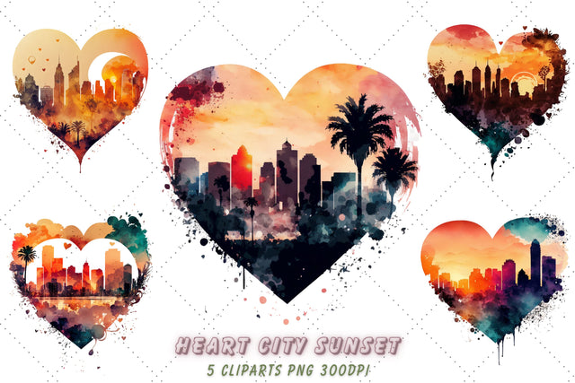 Heart City Sunset Watercolor Clipart Bundle, Sublimation, Heart City Sunset Sublimation FloridPrintables 
