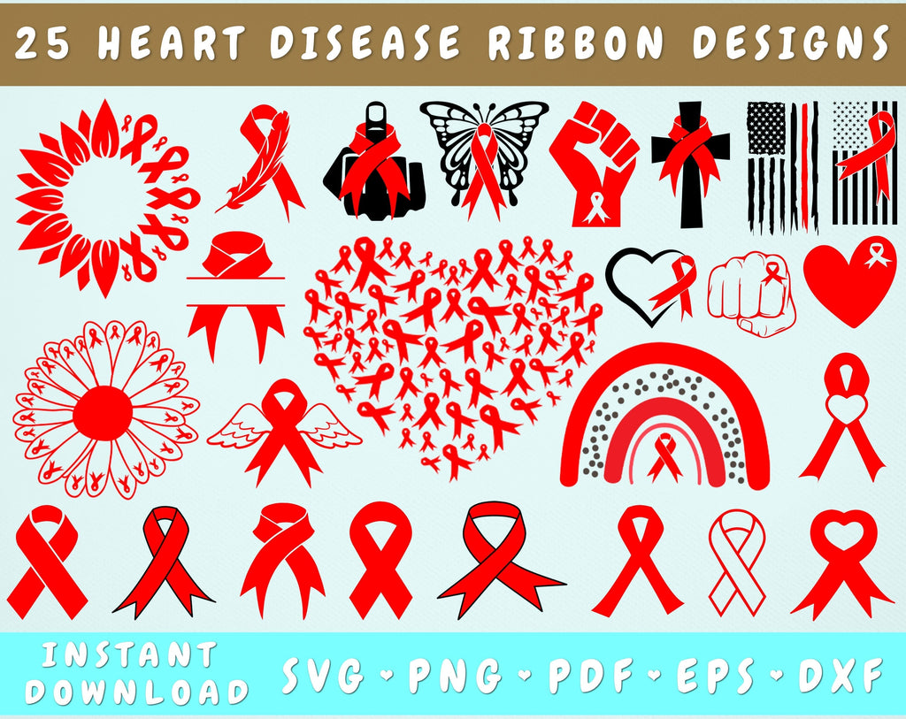 Heart Disease Awareness SVG Bundle, 25 Designs, Heart Disease Ribbon ...