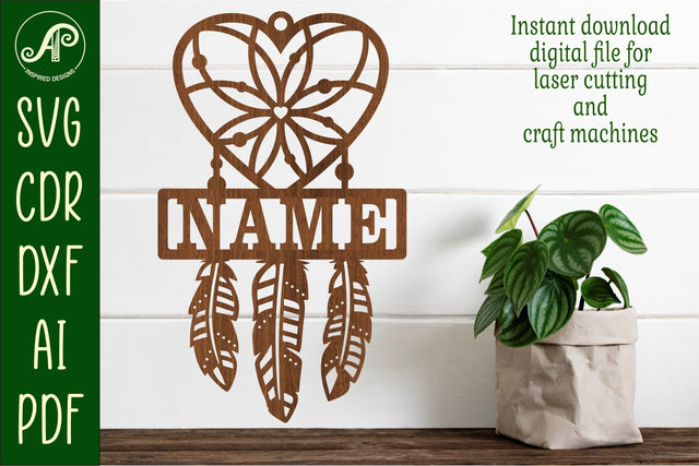 Heart Dreamcatcher Name sign svg laser cut template, wall SVG APInspireddesigns 