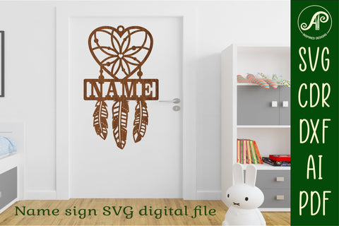Heart Dreamcatcher Name sign svg laser cut template, wall SVG APInspireddesigns 