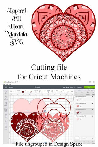 Heart Mandala 3D Layered SVG file, 4 layers for Cricut or Cameo Cutting Machines SVG Digital Honeybee 