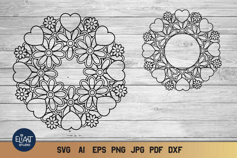 Heart Mandala SVG with Flowers, Love Circle and Split Monogram SVG, 5 Designs. SVG Elinorka 