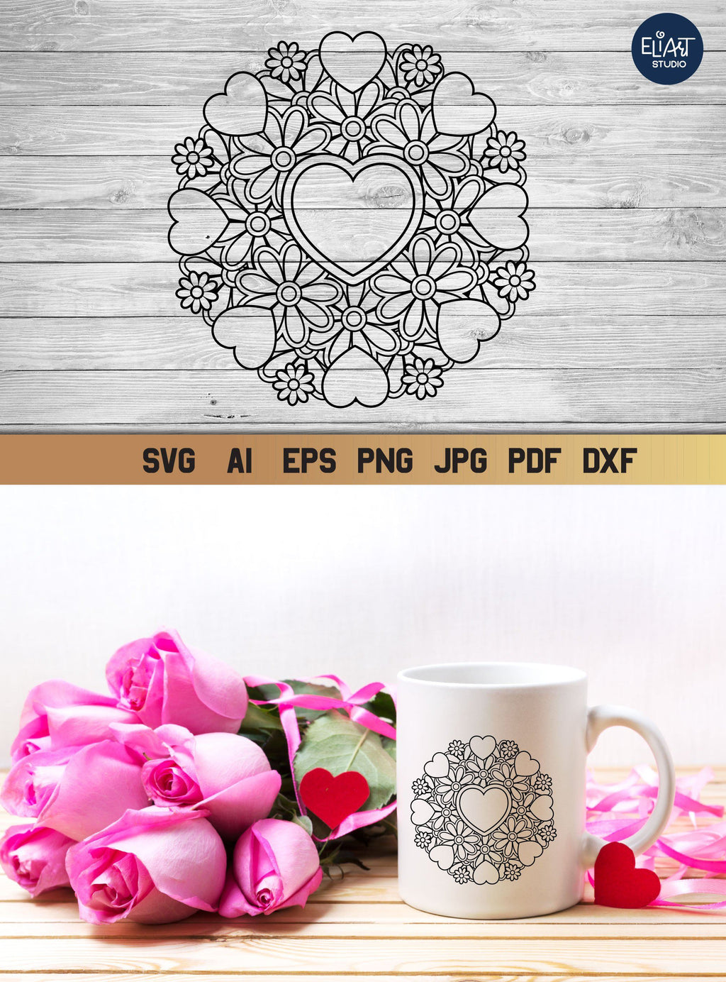 Heart Mandala SVG with Flowers, Love Circle and Split Monogram SVG, 5 ...