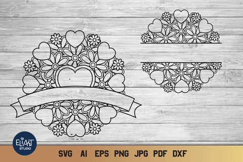 Heart Mandala SVG with Flowers, Love Circle and Split Monogram SVG, 5 Designs. SVG Elinorka 