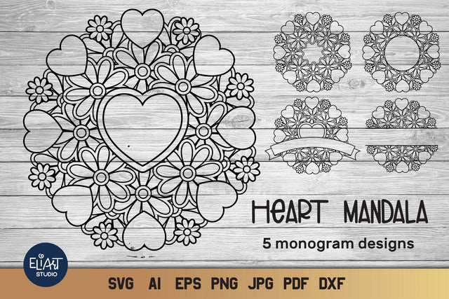 Heart Mandala SVG with Flowers, Love Circle and Split Monogram SVG, 5 Designs. SVG Elinorka 