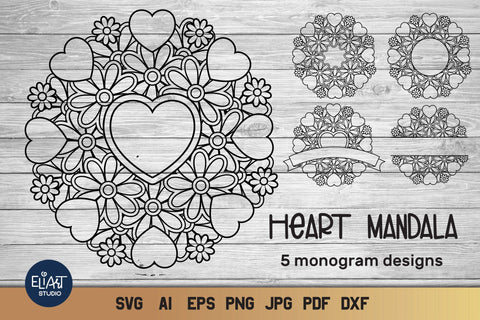 Heart Mandala SVG with Flowers, Love Circle and Split Monogram SVG, 5 Designs. SVG Elinorka 