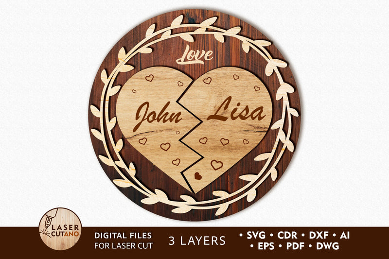 Heart Multilayer Wall Art Laser Cut File Love Gift Sign Name Wedding SVG LaserCutano 