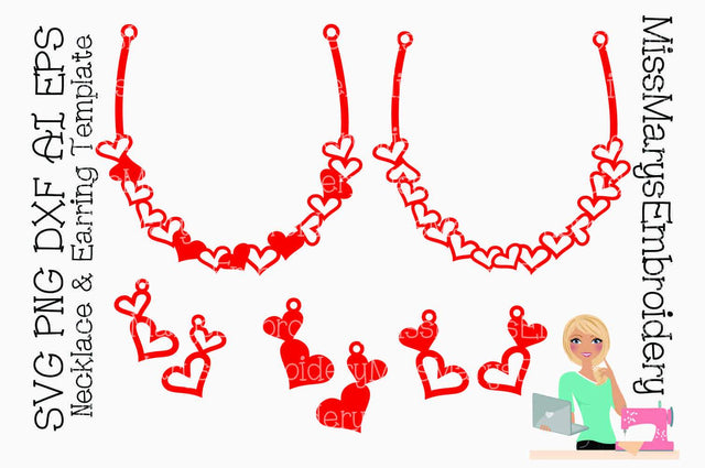 Heart Necklace & Earring Template Set SVG MissMarysEmbroidery 