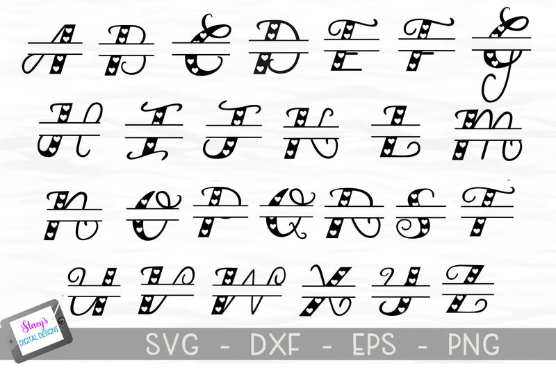 Heart Pattern Split Monogram SVG Bundle - Split Letters A-Z - So Fontsy