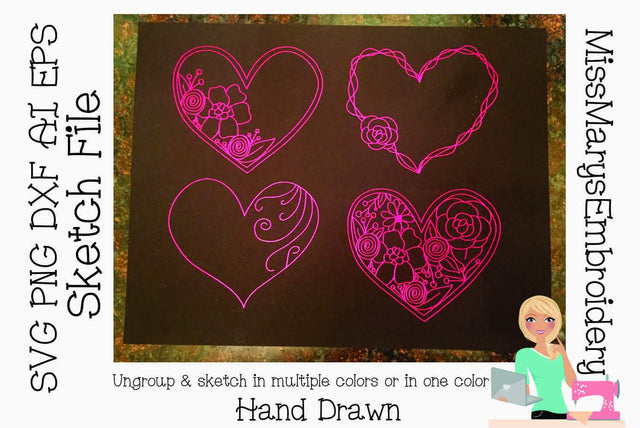 Heart Sketch File Set | Foil Quill | Drawing File Sketch DESIGN MissMarysEmbroidery 