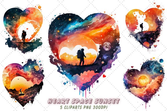 Heart Space Sunset Watercolor Clipart Bundle, Sublimation, Heart Space Sunset Sublimation FloridPrintables 