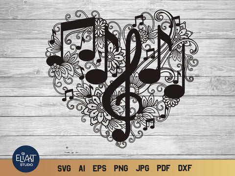 Heart SVG, Music Heart SVG with Notes and Flowers, Treble Clef SVG. SVG Elinorka 