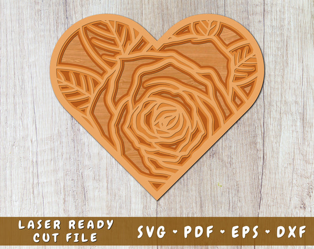 Heart With Rose Laser SVG Cut File, 3D Heart SVG, Heart DXF, Heart SVG for Cricut, Glowforge SVG HappyDesignStudio 